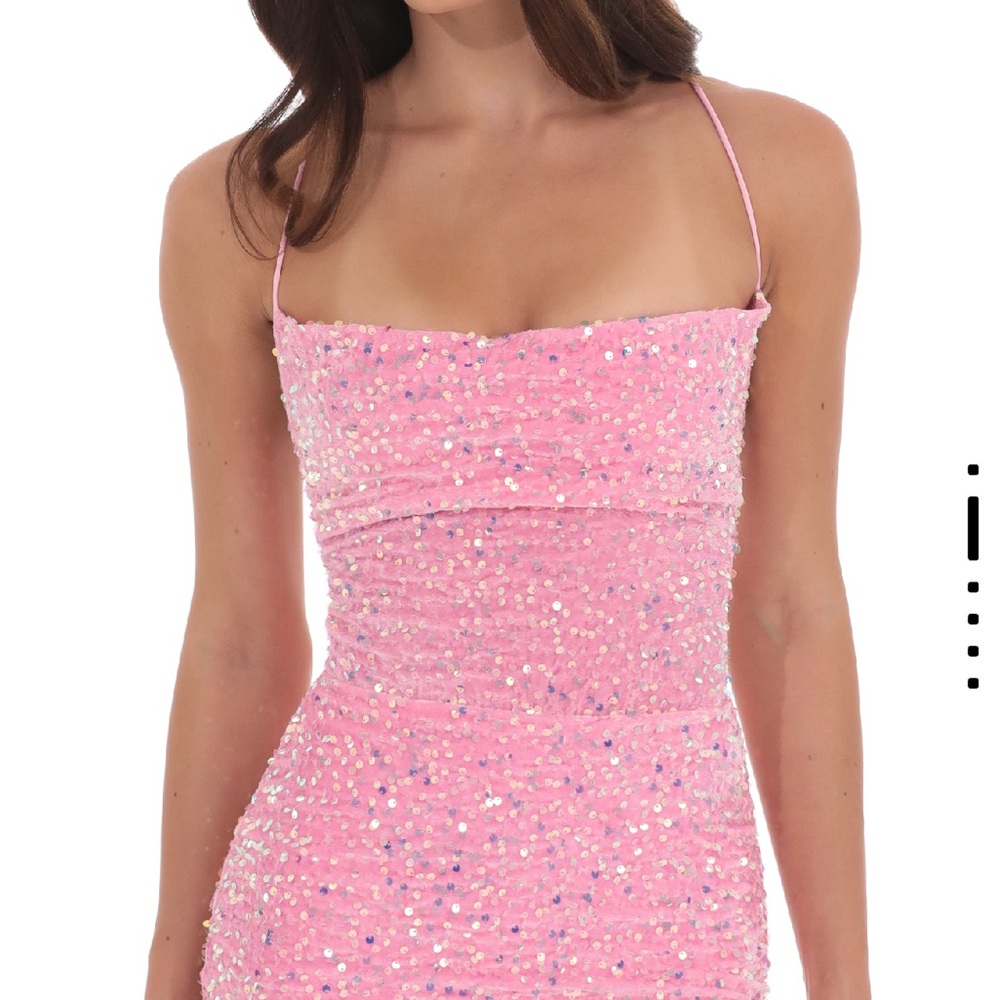 Lucy in the Sky Pink Sequin Ruched Mini Dress style #L55964